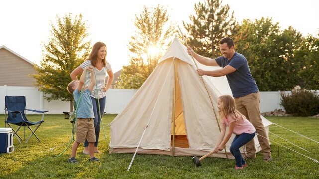 Parents and two children set up beige canvas tent on grassy suburban lawn beside house while smiling and working together; mother holds doorway fabric, father steadies top pole, boy pulls rope