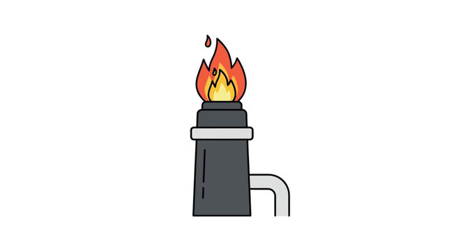 Industrial flare stack burning natural gas with bright orange flames against white background