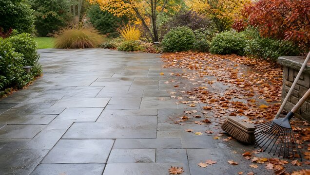 Wet stone patio in fall with fallen leaves and garden tools.