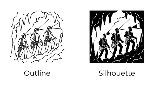 Cave Exploration Duo: Two explorers, one in outline and the other a silhouette, navigate the depths of a cavern, their headlamps illuminating the rugged terrain.