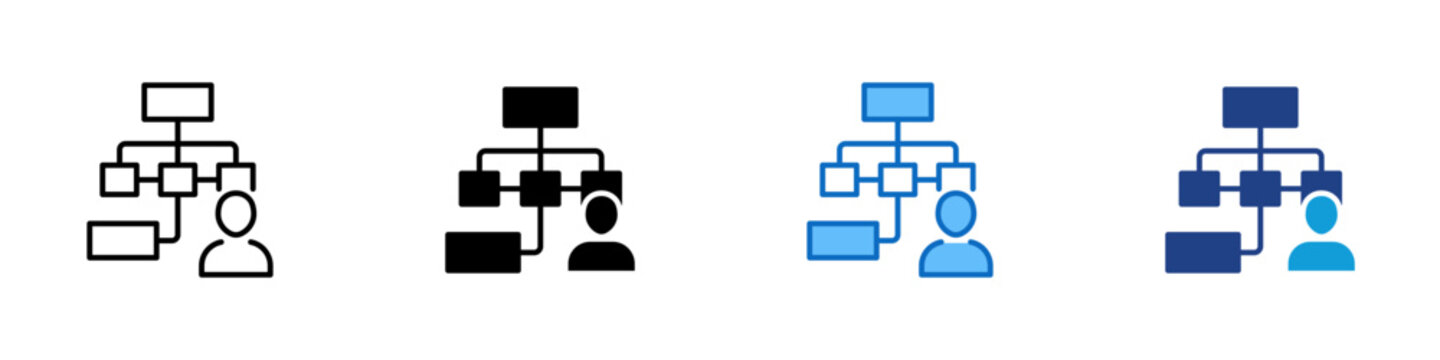 Organizational Assignment Multiple Style Icon Design Vector - Hierarchy diagram with person node representing organizational structure assignment, employee mapping, and personnel role placement