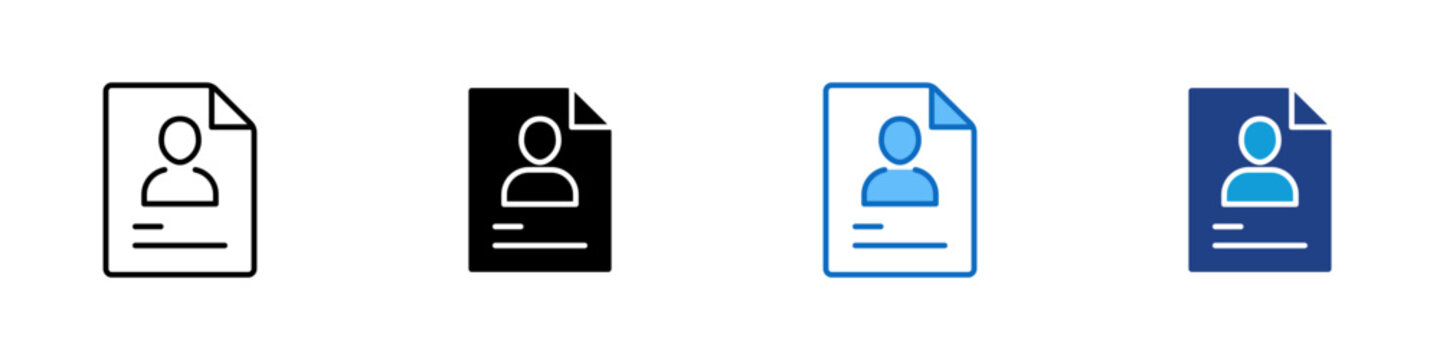 Personal Resume Document Multiple Style Icon Design Vector - Document with person profile representing personal resume record, identity file, and professional background documentation for HR use