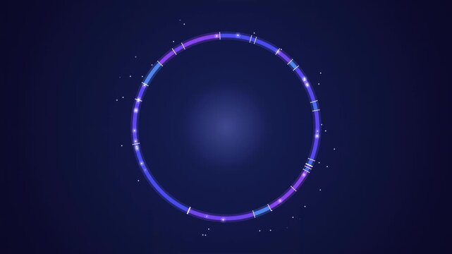 Abstract animated consistent hashing ring drawn as blue and cyan glowing lines and dots on a deep dark background. Clean minimal motion graphics element with free space around it, ideal for technology