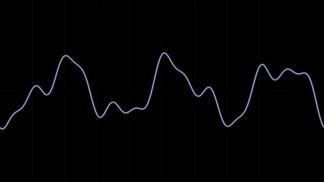 Abstract animated waveform with a single line drawn as cool blue-white glowing lines and dots on a deep dark background. Clean minimal motion graphics element with free space around it, ideal for titl