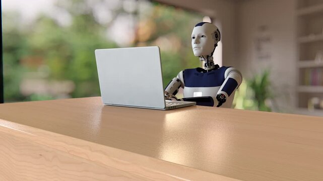 Realistic robot humanoid sitting at wooden desk using open laptop computer in modern home office setting