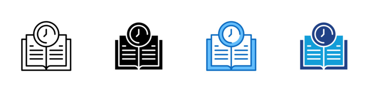 Study Time Management Multiple Style Icon Design Vector - Stacked books with clock representing study time management, reading schedule planning, and library time tracking for education
