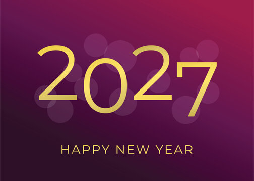 2027 Happy New Year greeting card template. Elegant golden numbers on luxury magenta background. Vector illustration