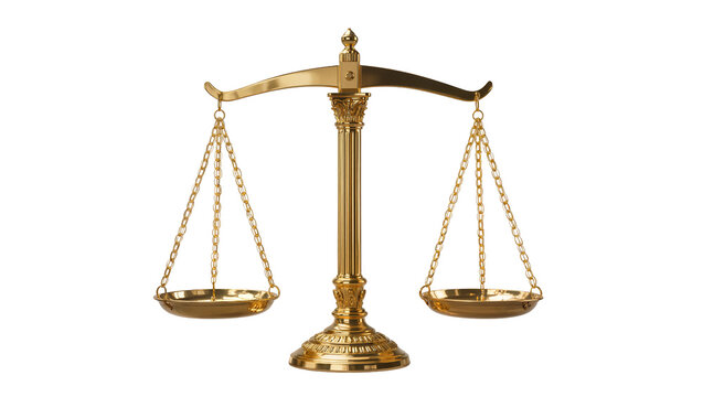 Ornate golden balance scales with chains and pans, isolated on transparent background