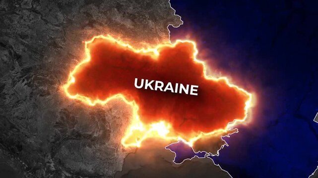 Dynamic zoom on a grayscale satellite map highlighting Ukraine in fiery orange alongside Russia in dark blue