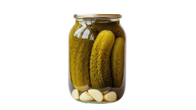 Glass jar of dill pickles and garlic cloves, isolated on transparent background