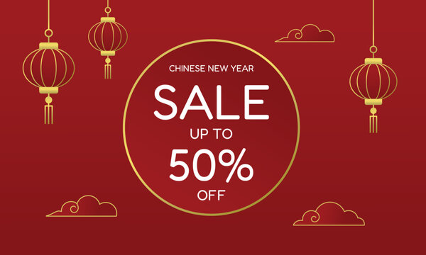 Chinese New Year sale horizontal banner template. Golden paper lanterns, round badge and traditional clouds on red background. Vector illustration