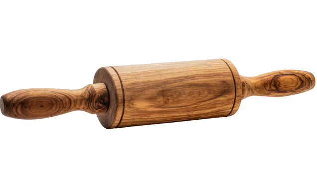 Natural wood rolling pin with handles, isolated on transparent background