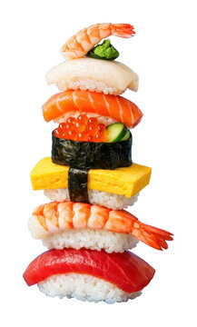 PNG Colorful sushi stack on blue.