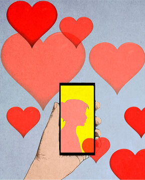 Illustration of hearts floating over hand of person holding smart phone displaying silhouette of woman