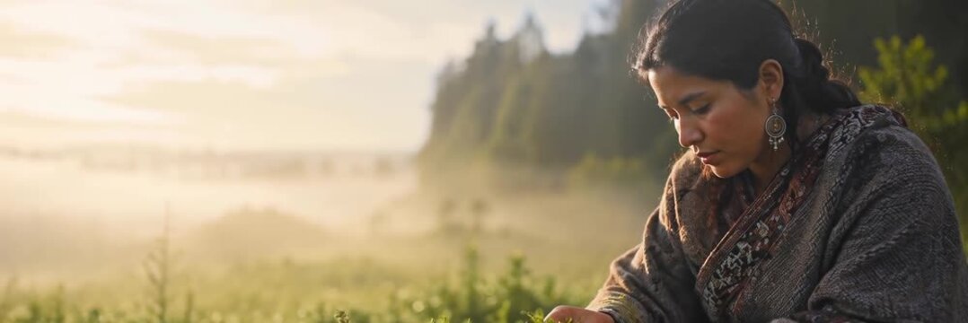 Mapuche woman gathering herbs in a mountain meadow, website banner with copy space for text