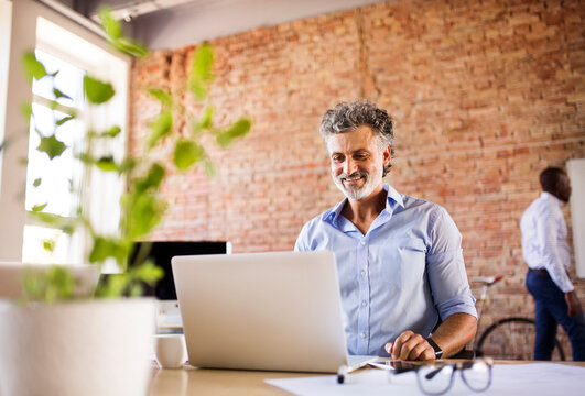 Smiling businessman using laptop in office with colleague in background