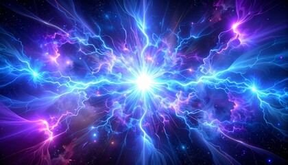 Fototapeta premium 宇宙空間での青と紫の稲妻とネビュラが交差する強烈なエネルギー爆発、SF調背景素材