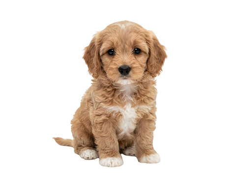 Cute fluffy golden puppy sitting isolated