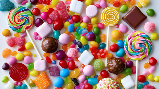 Colorful assortment of various candies, lollipops and sweets on white background. Bright and cheerful confectionery mix, ideal for candy shop, party or festive decoration.