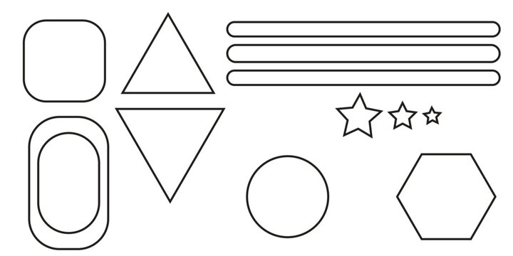 Basic geometric outline shapes set including rounded rectangles circles triangles and hexagons isolated on white background vector illustration