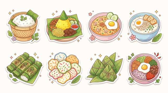 A vibrant collection of delicious and colorful Indonesian food dishes, presented in a charming illustration style.