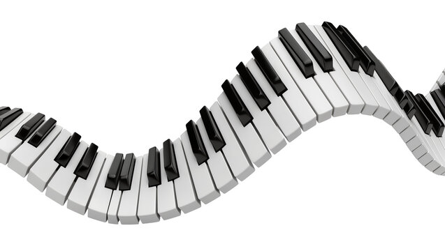 Wavy piano keyboard with black and white keys, isolated on transparent background