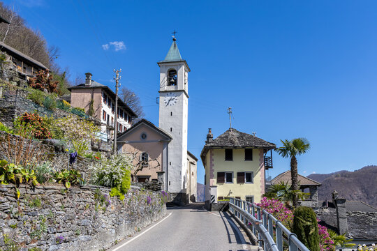 Village of Mosogno in Swiss Alps mountains in canton Ticino in Onsernone Valley, Switzerland