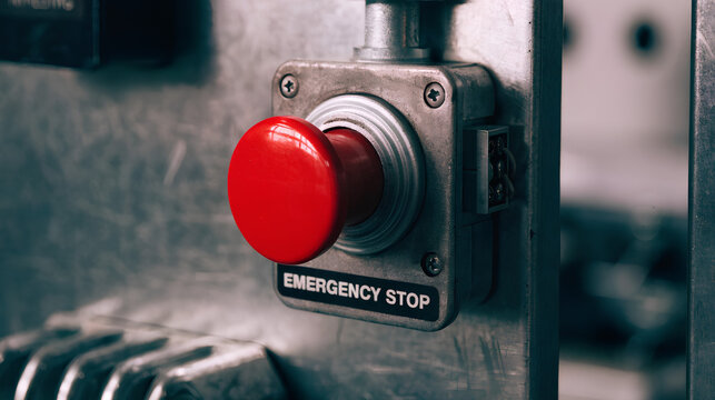 Red industrial emergency stop button on a metal control panel