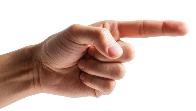 Human hand pointing index finger forward, isolated on transparent background