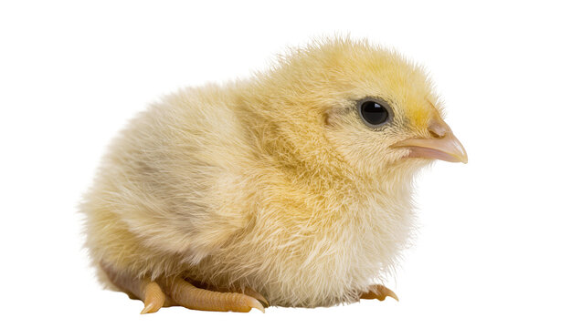 Fluffy yellow chick with black eyes, isolated on transparent background