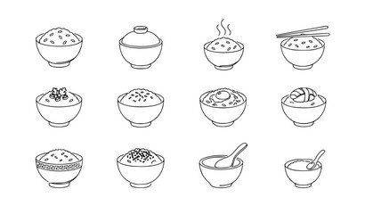 Obraz premium Minimalist Continuous One Line Rice Bowl Food Icon Set Vector Illustration