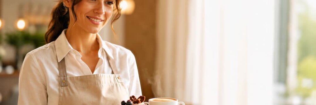 Female waiter serving a dish, website banner with copy space for text