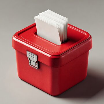 Red textured square box with a metal clasp and a stack of white envelopes inside the opening