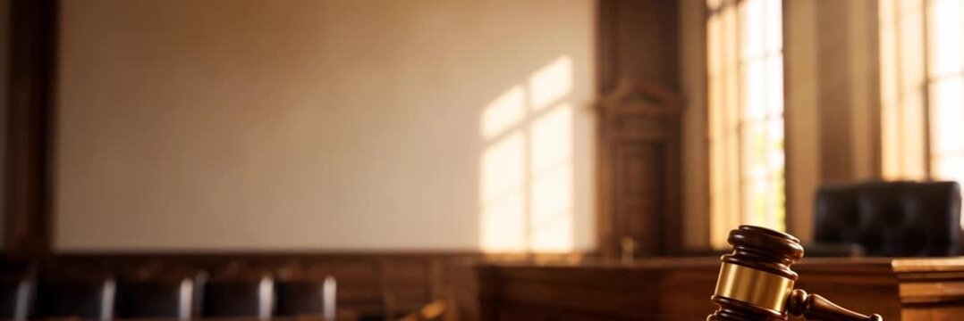 Empty courtroom with a wooden gavel, website banner with copy space for text