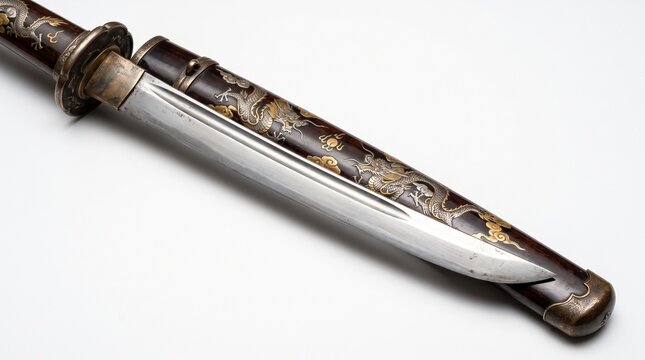 Japanese Wakizashi Unsheathed Short Sword Isolated White Background