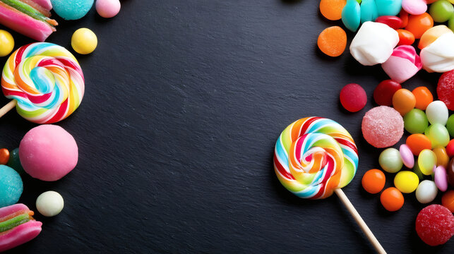 Colorful assorted candies, lollipops, and sweets on black stone background. Bright sugar treats with copy space for text or advertising. Top view, flat lay.