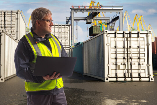 Port logistics. Engineer checks cargo containers with laptop at shipping terminal near cranes and freight storage area