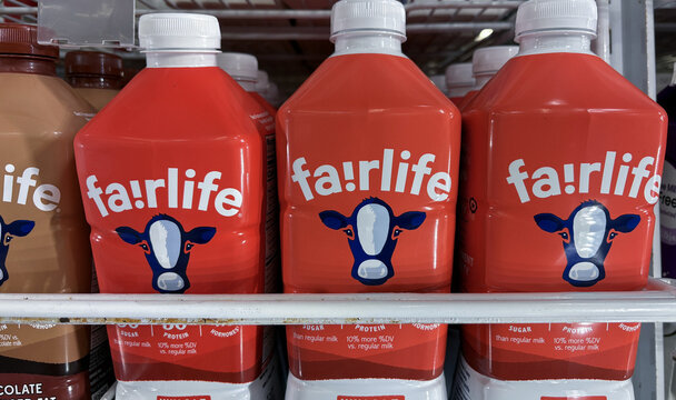 fairlife ultra-filtered milk display at a store. fa!rlife is a subsidiary of the Coca-Cola Company.