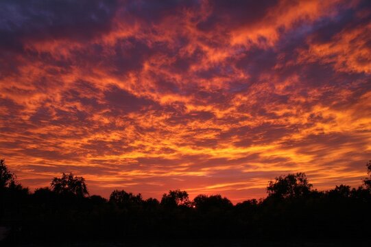 Vivid sunset with vibrant orange clouds over a dark silhouette of trees and a calm lake reflection