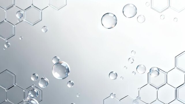 Abstract background of hexagonal structures and water bubbles, representing science and purity