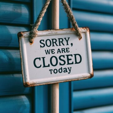 White distressed metal sign with black text saying 'sorry, we are closed today' hanging by ropes