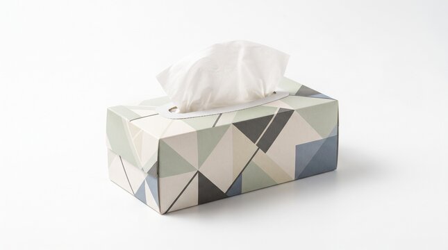 A box of facial tissues with a geometric pattern isolated on white background