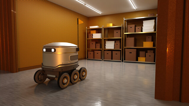 Warehouse automation. Autonomous mobile robot transports goods through a smart warehouse, supporting automated inventory handling, order fulfillment and intralogistics.