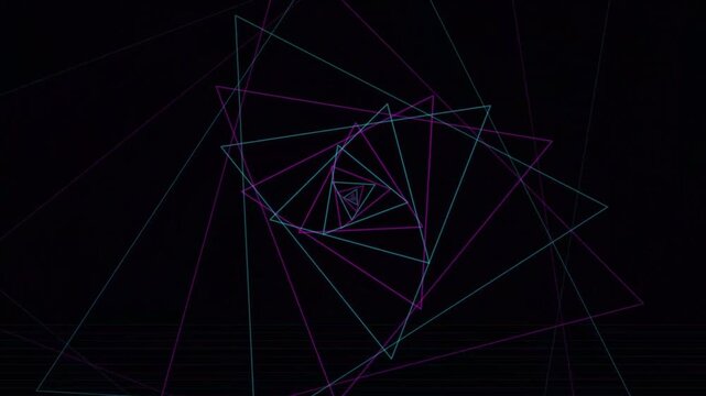 Glowing Neon Triangle Tunnel with Geometric Lines on Dark Background