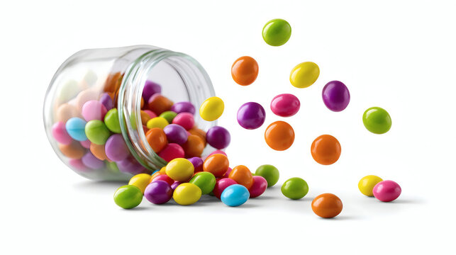 Colorful candy-coated chocolate dragees spilling from a glass jar on white background, isolated, with sweets in motion.