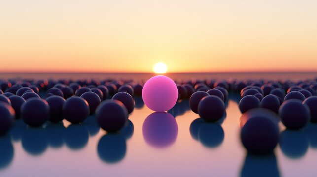 Pink standout sphere amidst dark spheres at dawn.