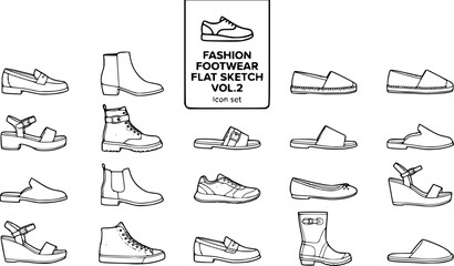 Fototapeta premium Fashion Footwear Technical Flat Sketch Icon Set Vol 2 with Loafer, Ankle Boot, Platform Sandal and Chelsea Boot, 15 Shoes for Footwear Brand and Fashion Design, CAD Outline