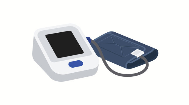 Digital blood pressure monitor with cuff and display.
