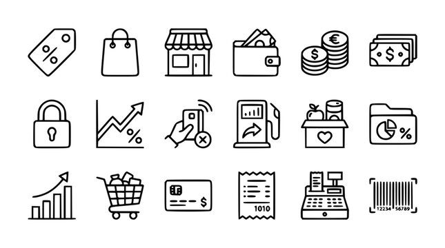 Retail commerce finance icon set with vector line art of shopping carts credit cards cash register wallet and barcode symbols