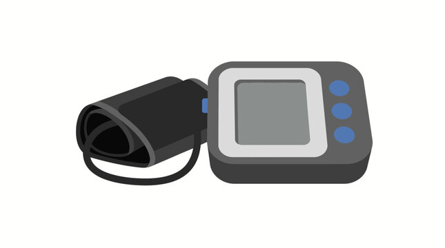 Digital blood pressure monitor with cuff and display.